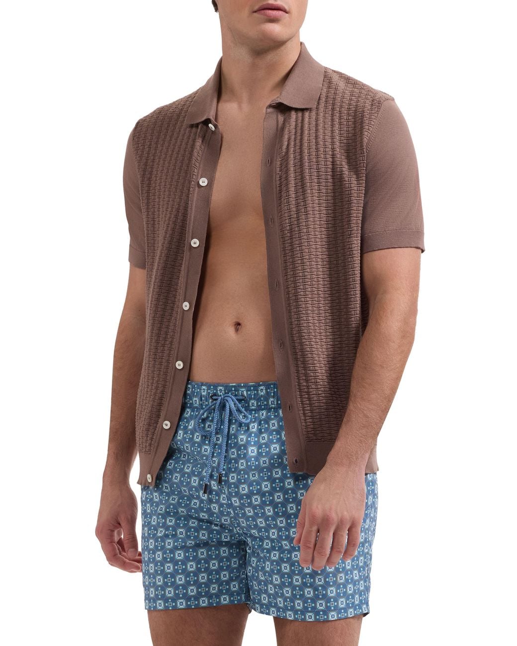 Bugatchi Brown Cruz Print Swim Trunks for men