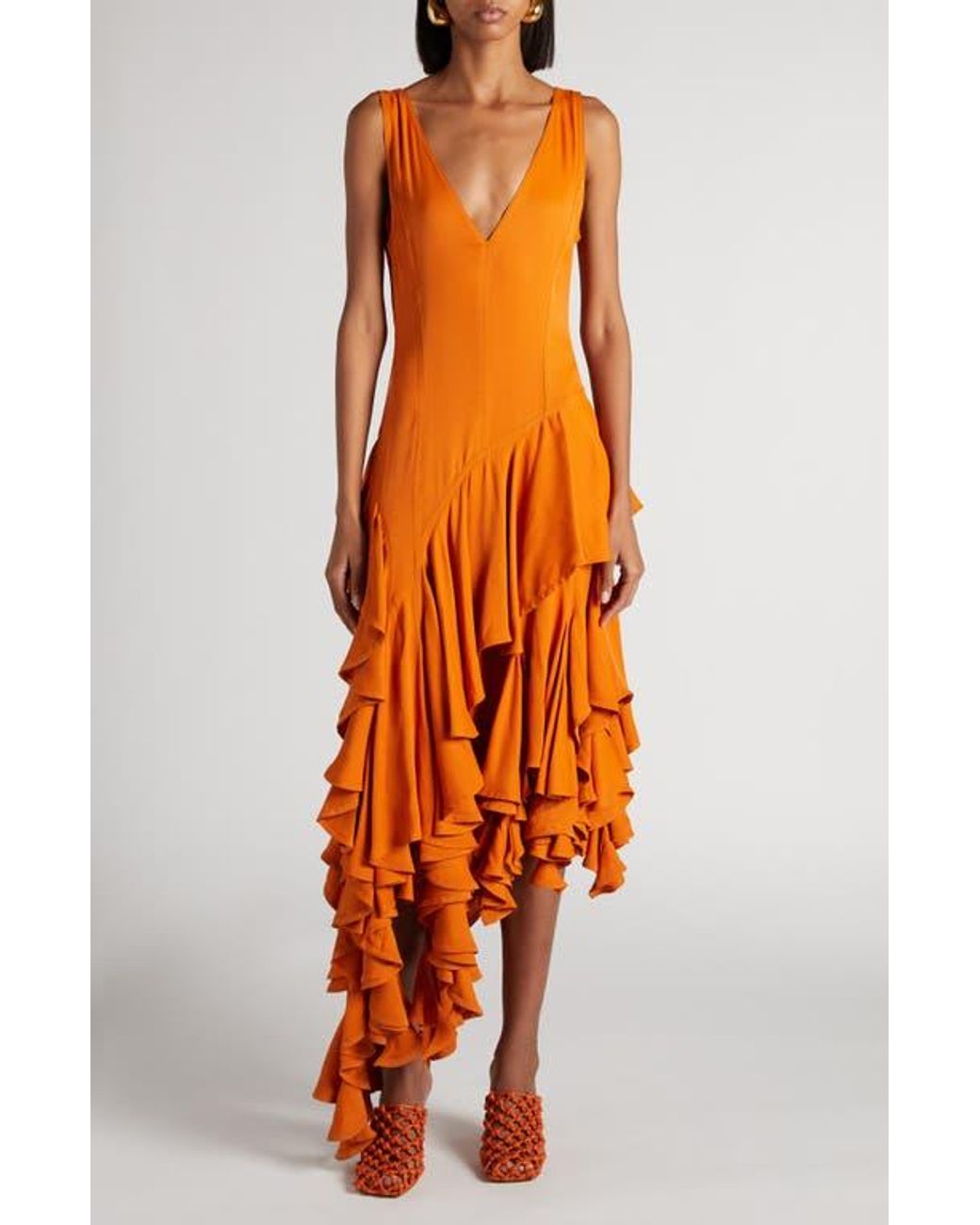 Bottega Veneta Asymmetric Tiered Ruffle Dress in Orange | Lyst