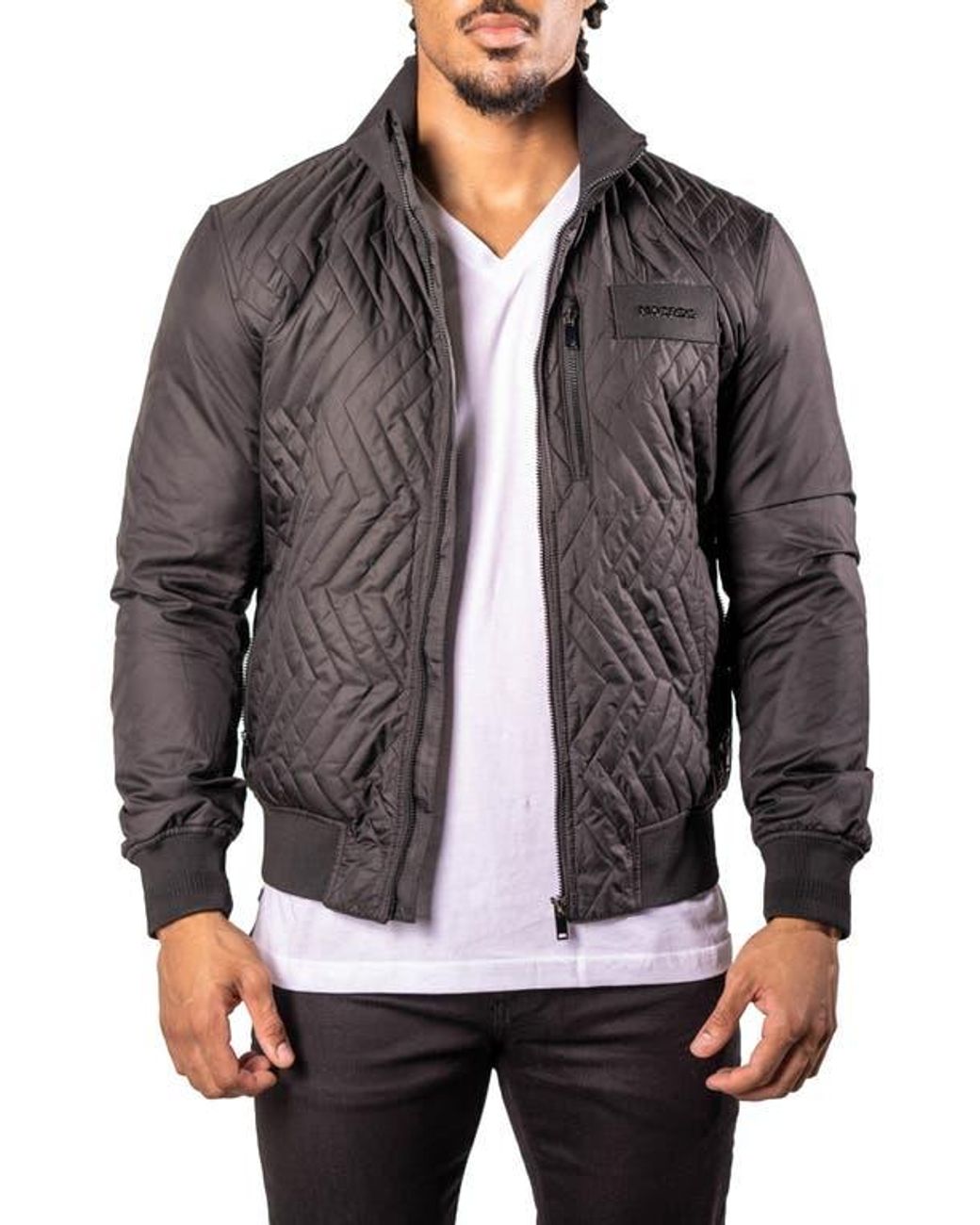 Maceoo Gray Puffycomb Quilted Bomber Jacket for men