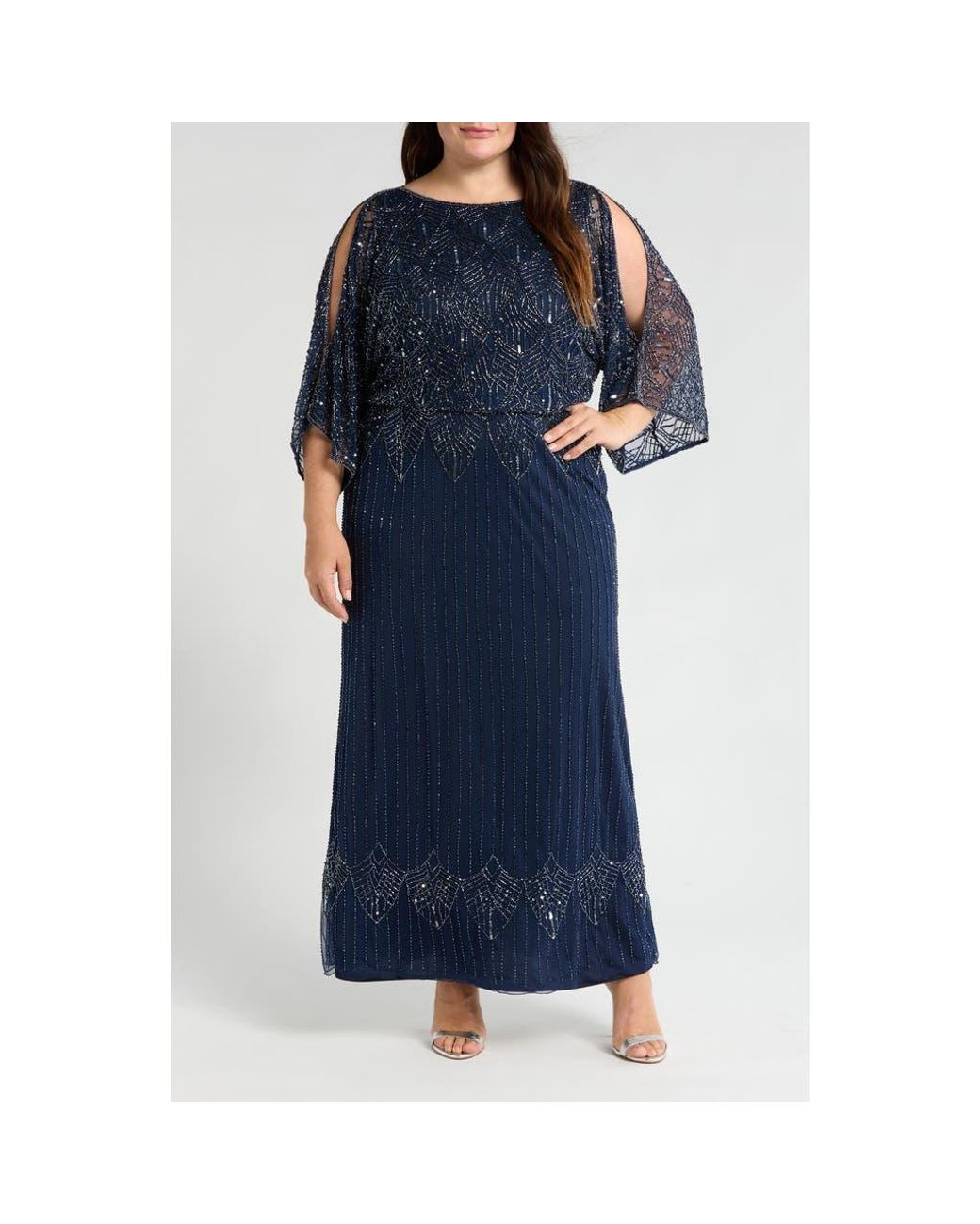 beaded chiffon blouson dress Adrianna Papell Jasmine Beaded Blouson Gown With Sheer Short Sleeves