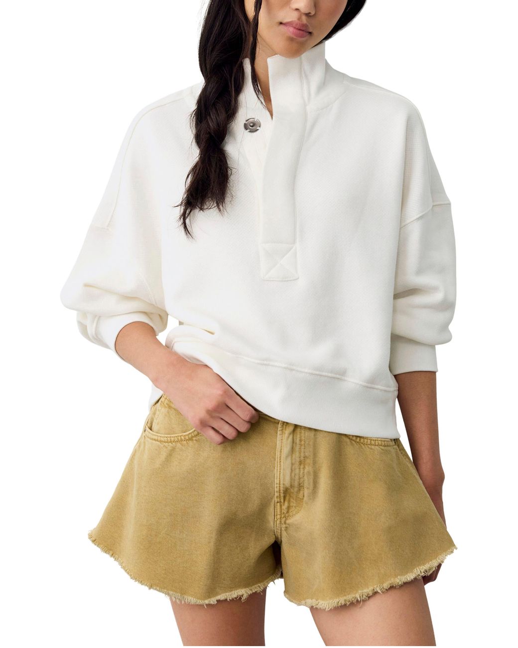 Free People White Timeless Snap Placket Pullover