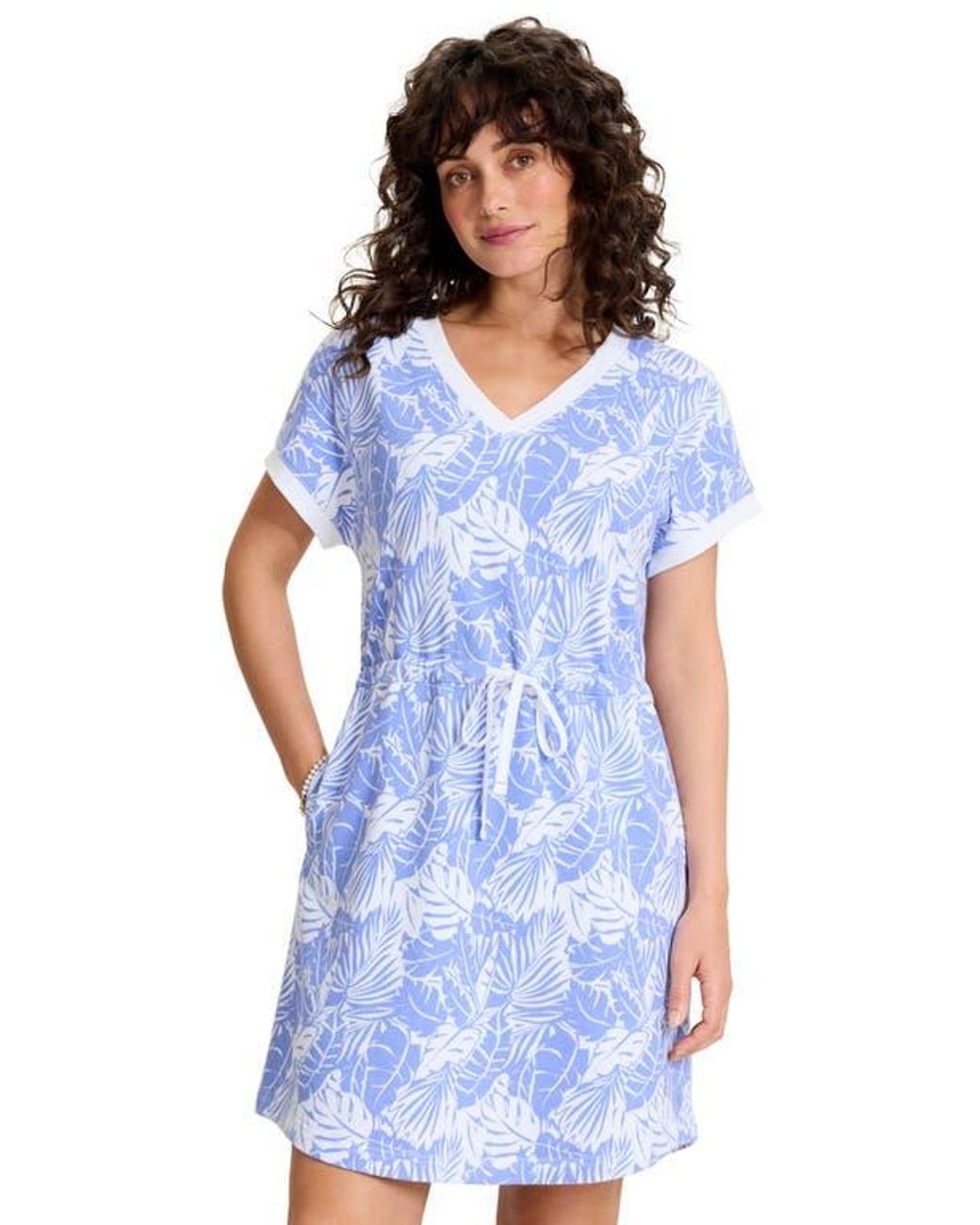 Tommy Bahama Blue Marina Del Mar Palmae Cotton Fleece V-Neck Dress