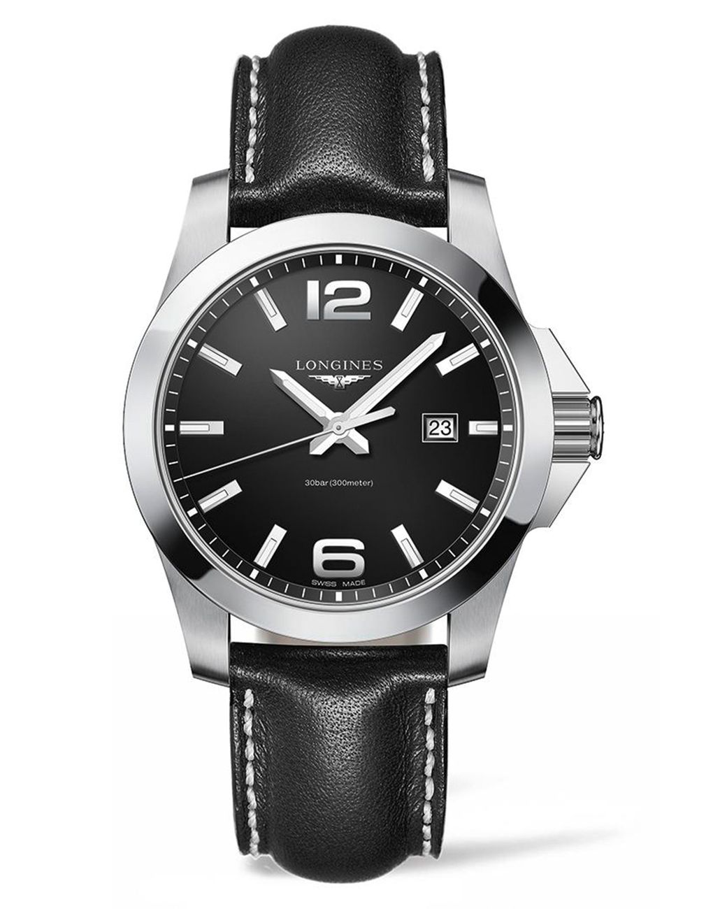 Longines Conquest Classic Leather Strap Watch in Black/ Silver (Black