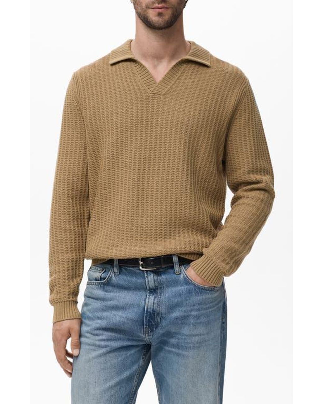 Mango Blue Structured Cotton Polo Sweater for men