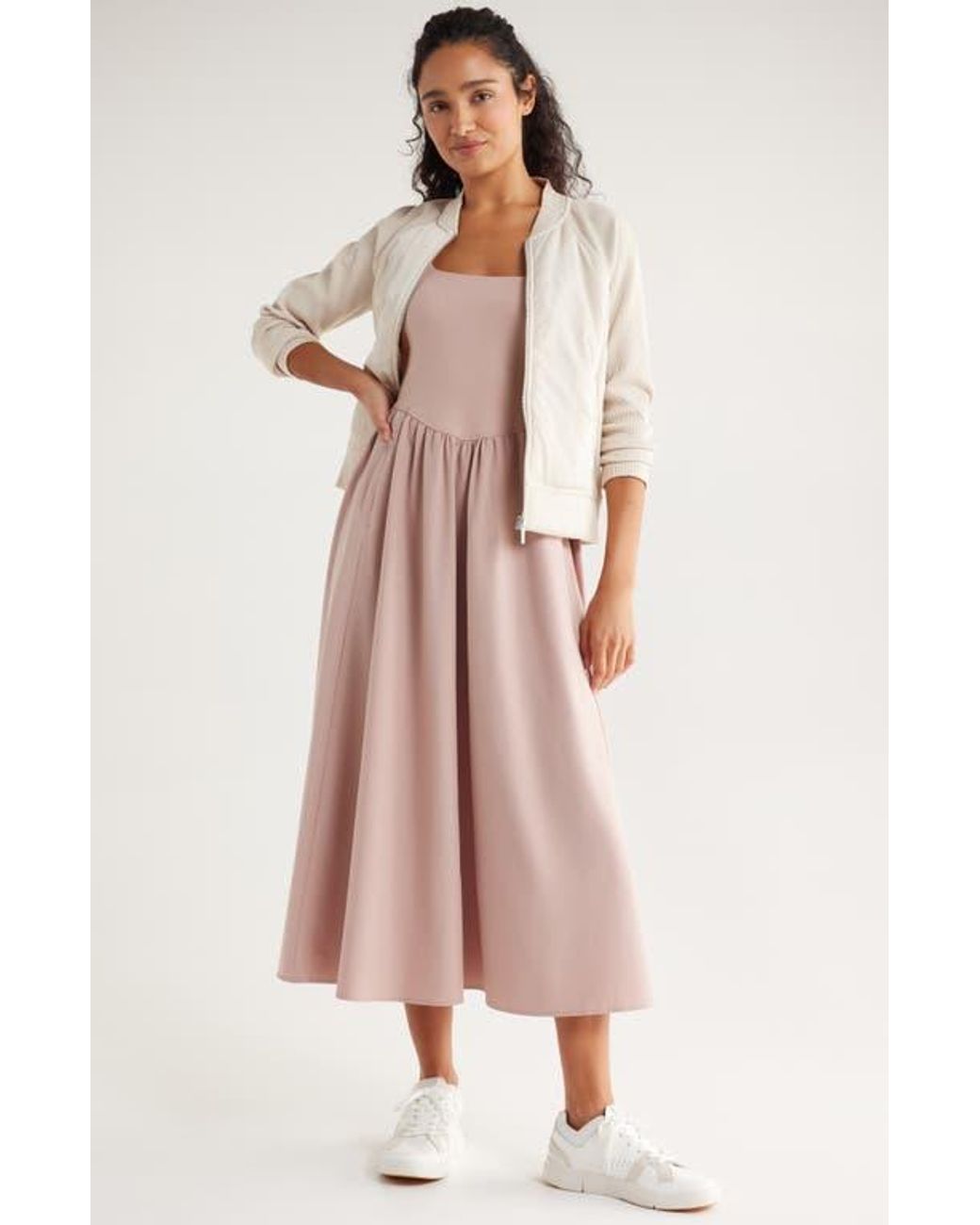 Zella Effortless Square Neck Midi Dress in Pink | Lyst
