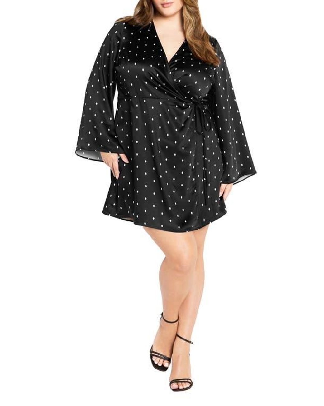 City Chic Amira Spot Long Sleeve Satin Wrap Minidress in Black | Lyst