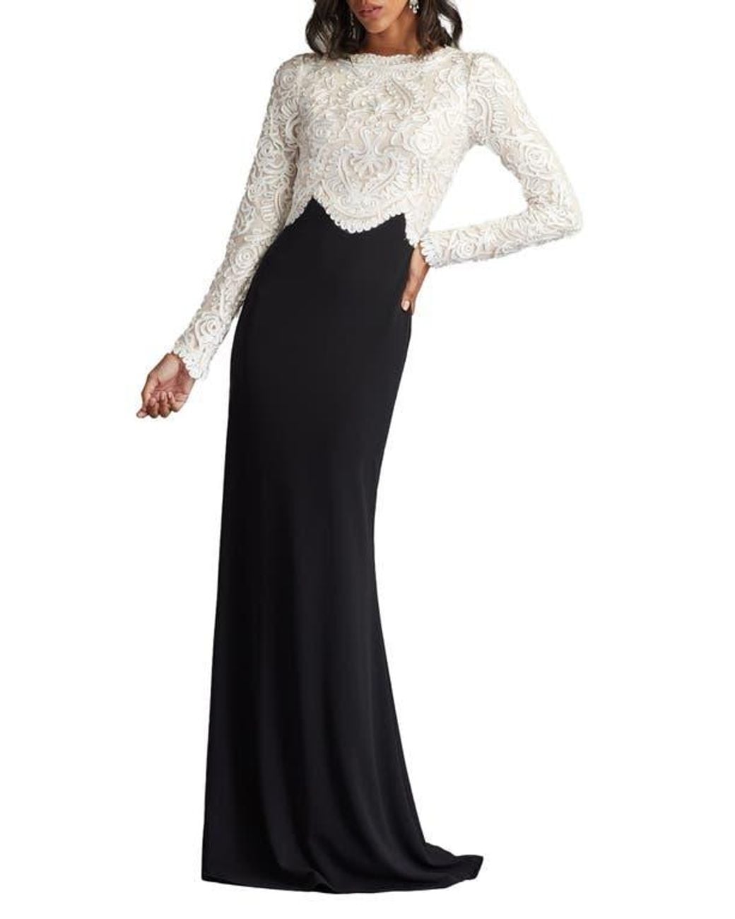 Tadashi Shoji Scroll Lace Long Sleeve Crepe Gown in Black | Lyst