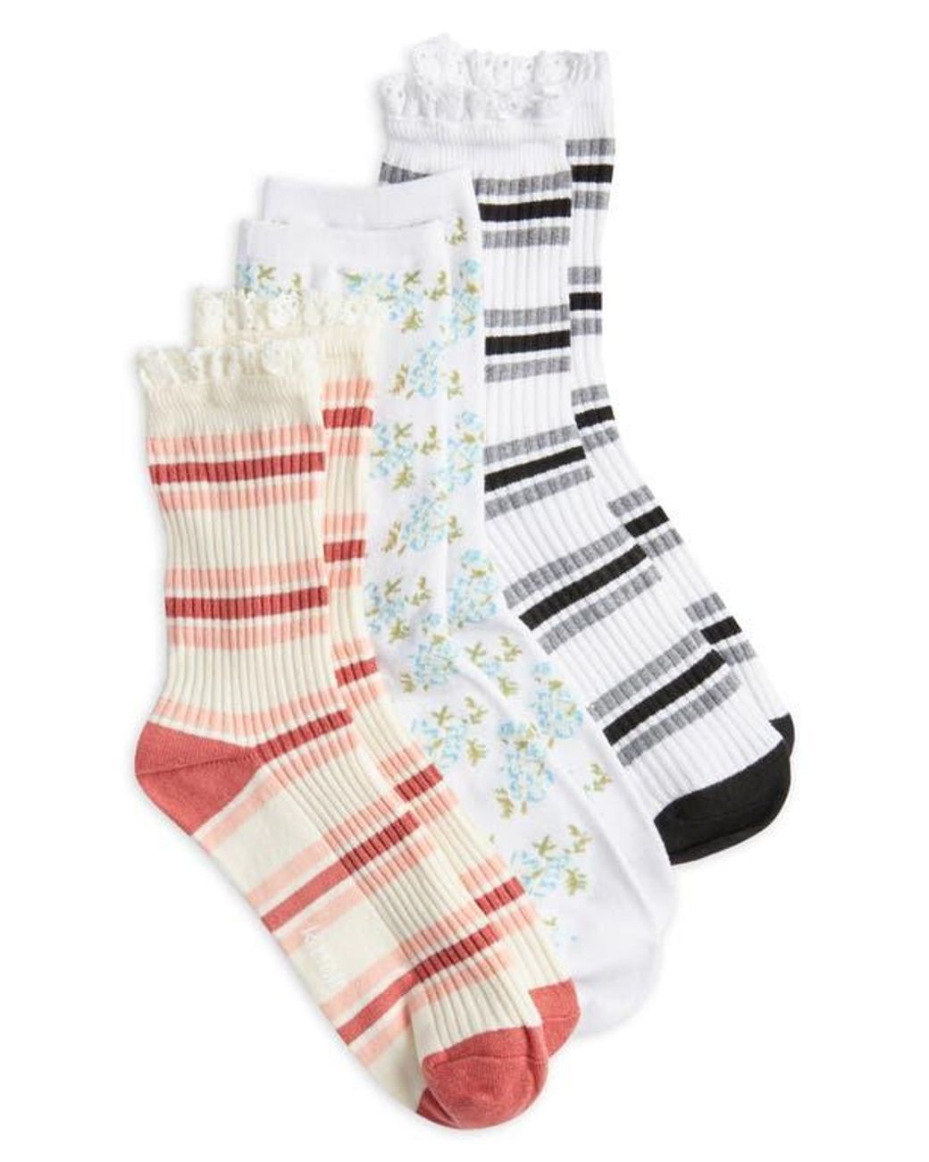 K Bell Socks Multicolor Spring Stripes Ruffle Assorted 3-Pack Crew Socks