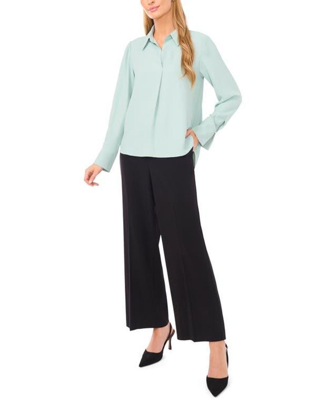 Halogen® Blue Split Cuff Button-Up Top