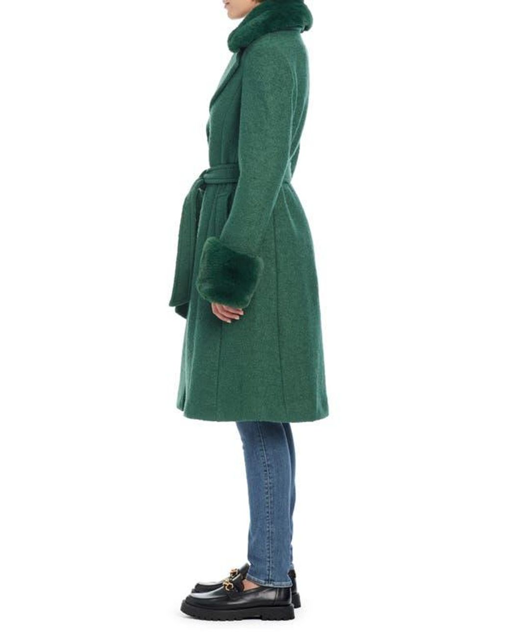 Kate Spade Club Belted Wool Blend Coat With Removable Faux Fur Collar And Cuffs in Green Lyst