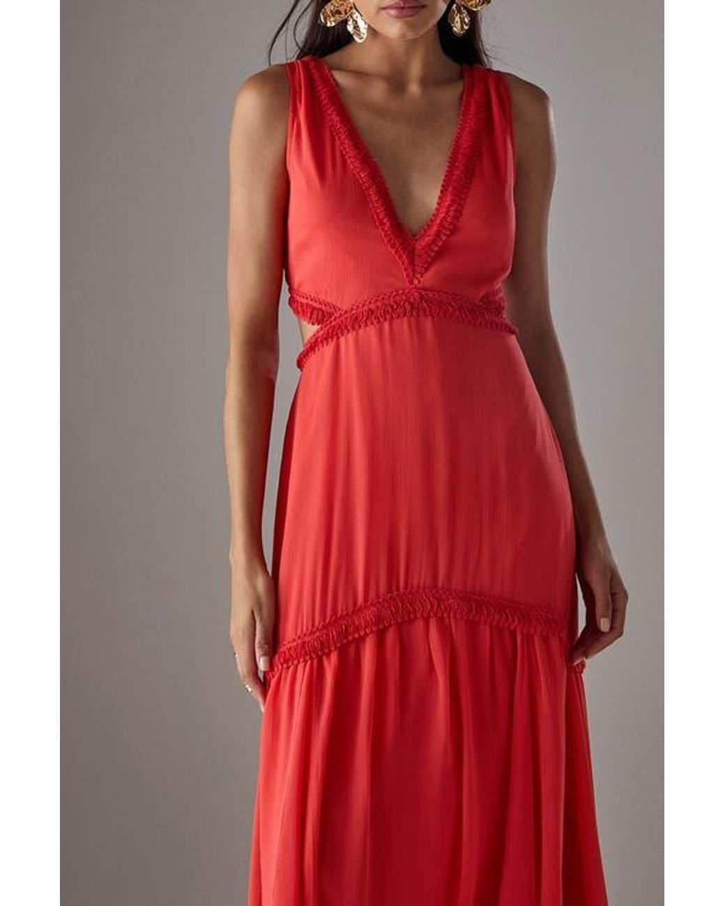 Warehouse Red Chiffon Fringe Trim Cut Out Maxi Dress