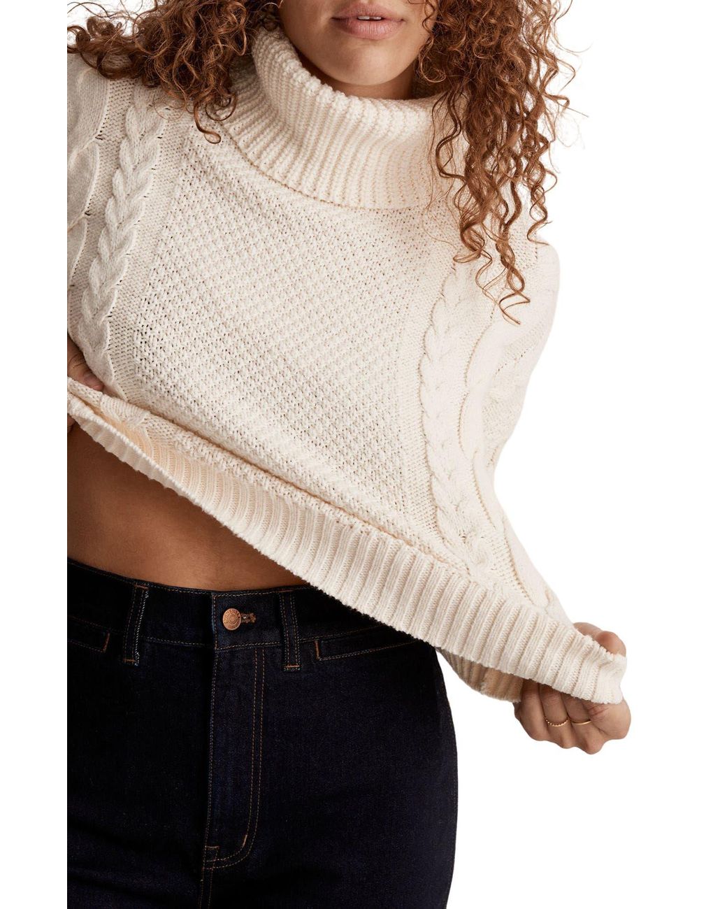 Madewell Crockett Cable Turtleneck Sweater in White | Lyst
