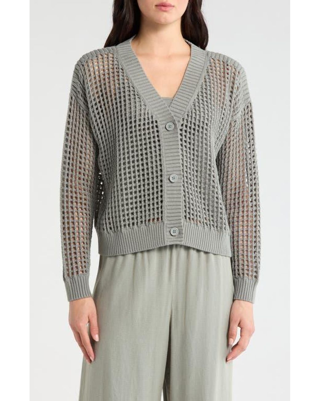 Splendid Gray Camellia Openwork V-Neck Cotton Blend Cardigan