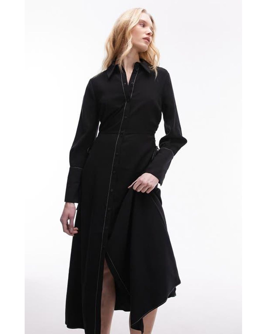 TOPSHOP Ruched Side Midi Shirt Dress in Black Lyst
