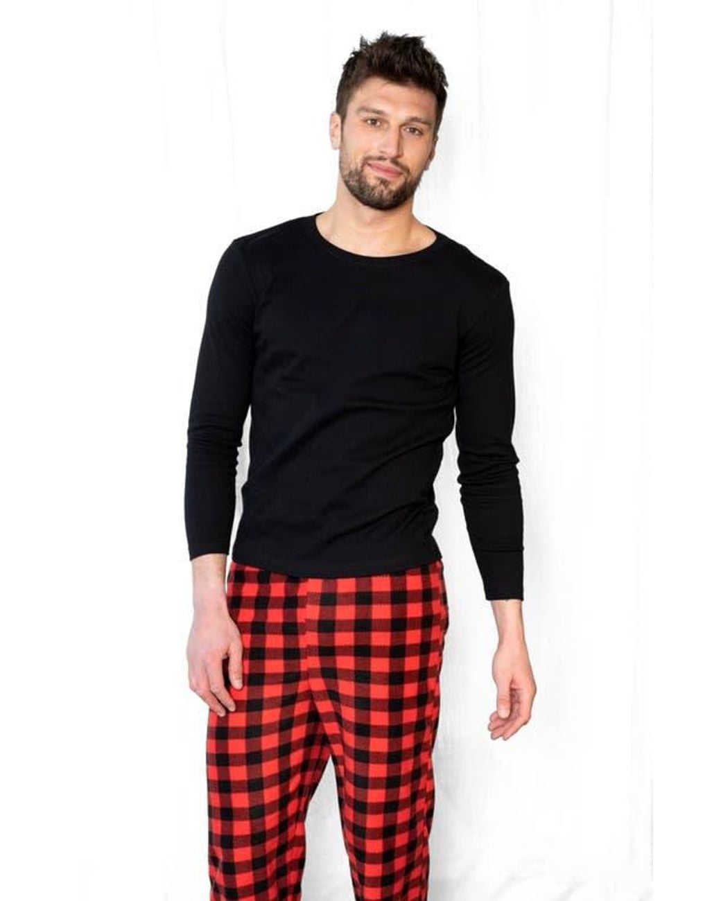 Leveret Red Cotton Top & Fleece Pants Printed Matching Family Holiday Pajama Set for men