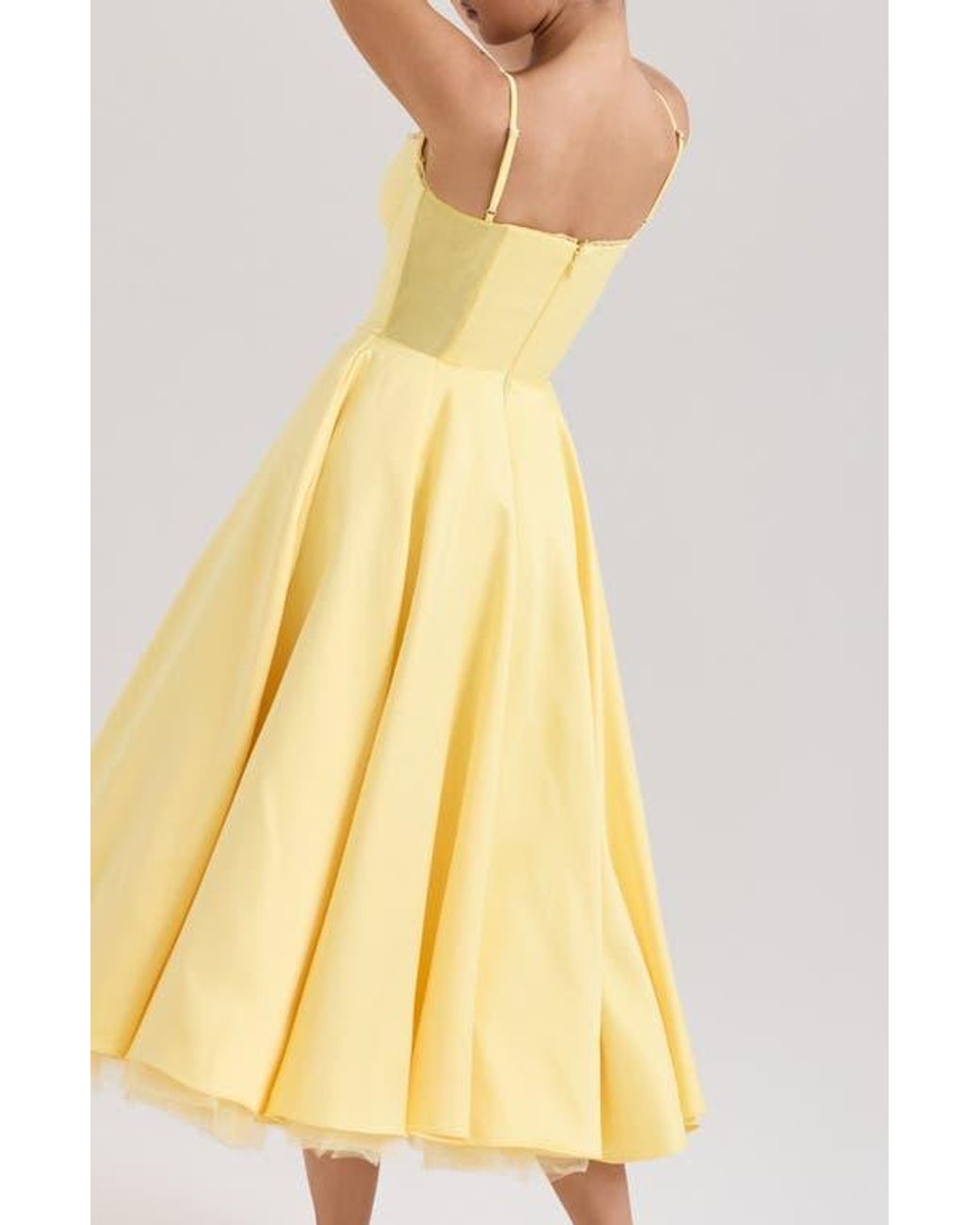 House Of Cb Mademoiselle Bustier Stretch Satin Midi Cocktail Dress in  Yellow | Lyst