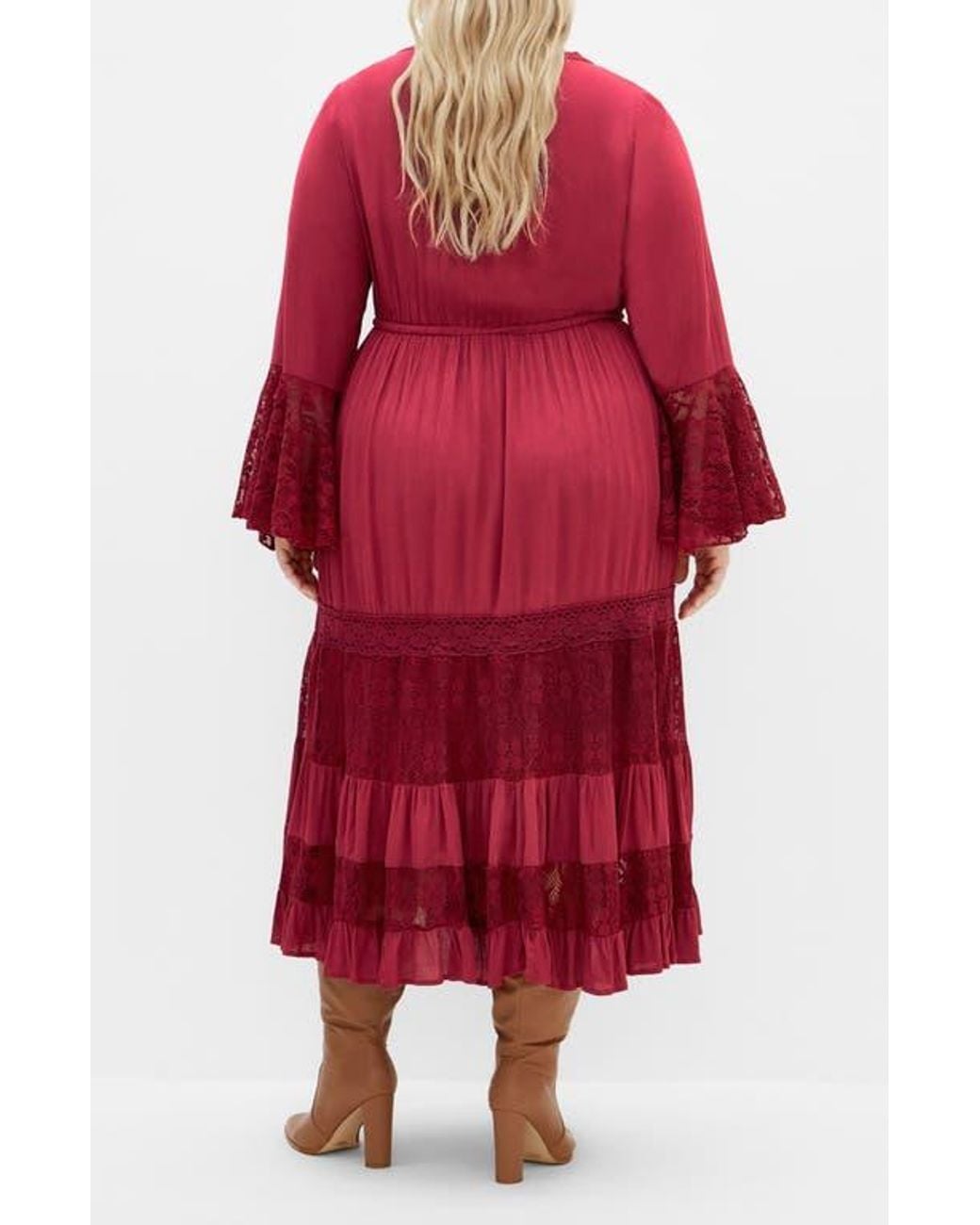 City Chic Dulce Lace Detail Long Sleeve Maxi Dress in Red | Lyst