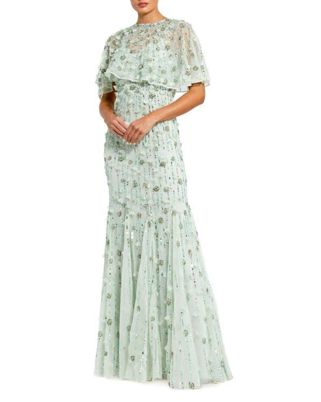 【Mac Duggal】アシンメトリードレープトランペットガウン Mac Duggal Women's Embellished Feather Cap Sleeve Illusion