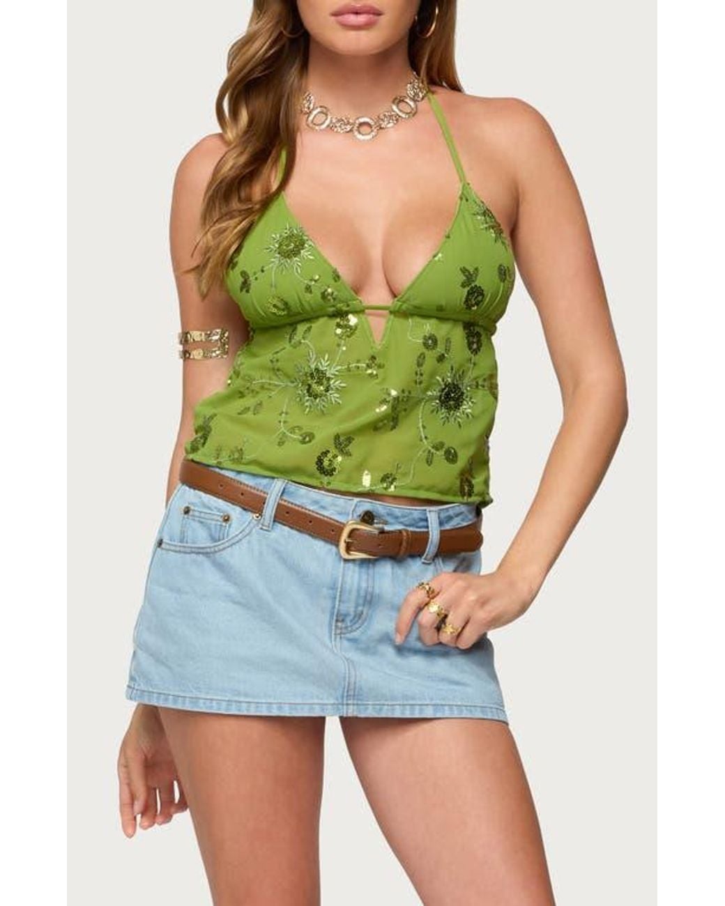 Edikted Green Kiki Sequin Halter Top