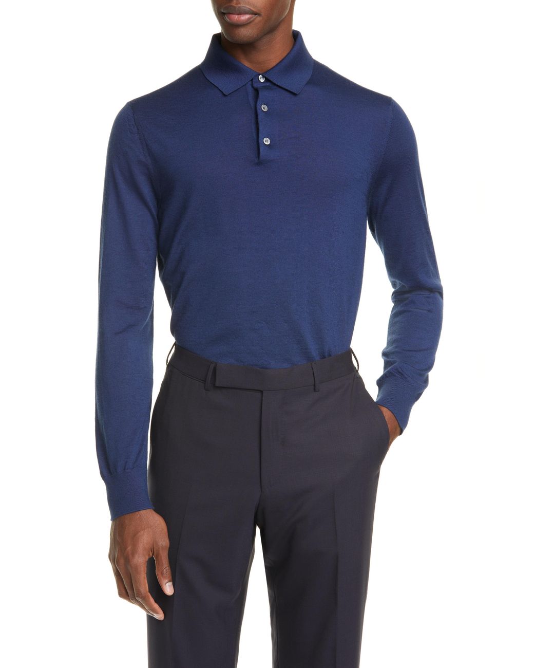 Ermenegildo Zegna Cashmere & Silk Long Sleeve Polo Shirt in Blue for