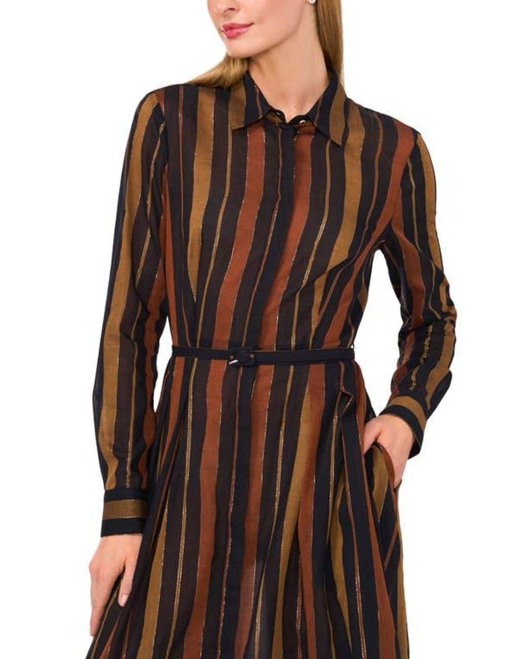 Ted Baker Metallic Stripe Long Sleeve Cotton Blend Midi Shirtdress in Brown  | Lyst