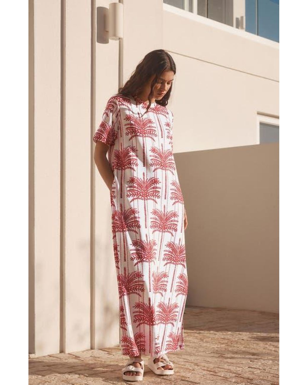 Next Palm Tree Print Cotton Maxi T-Shirt Dress in Red | Lyst