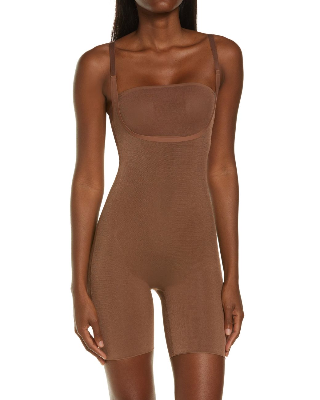 Skims Sheer Sculpting Open Bust Bodysuit in Brown Lyst