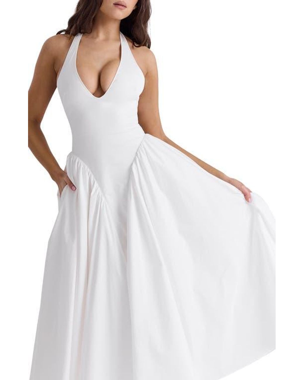 House Of Cb Marilyn Gingham Halter Midi Sundress in White | Lyst