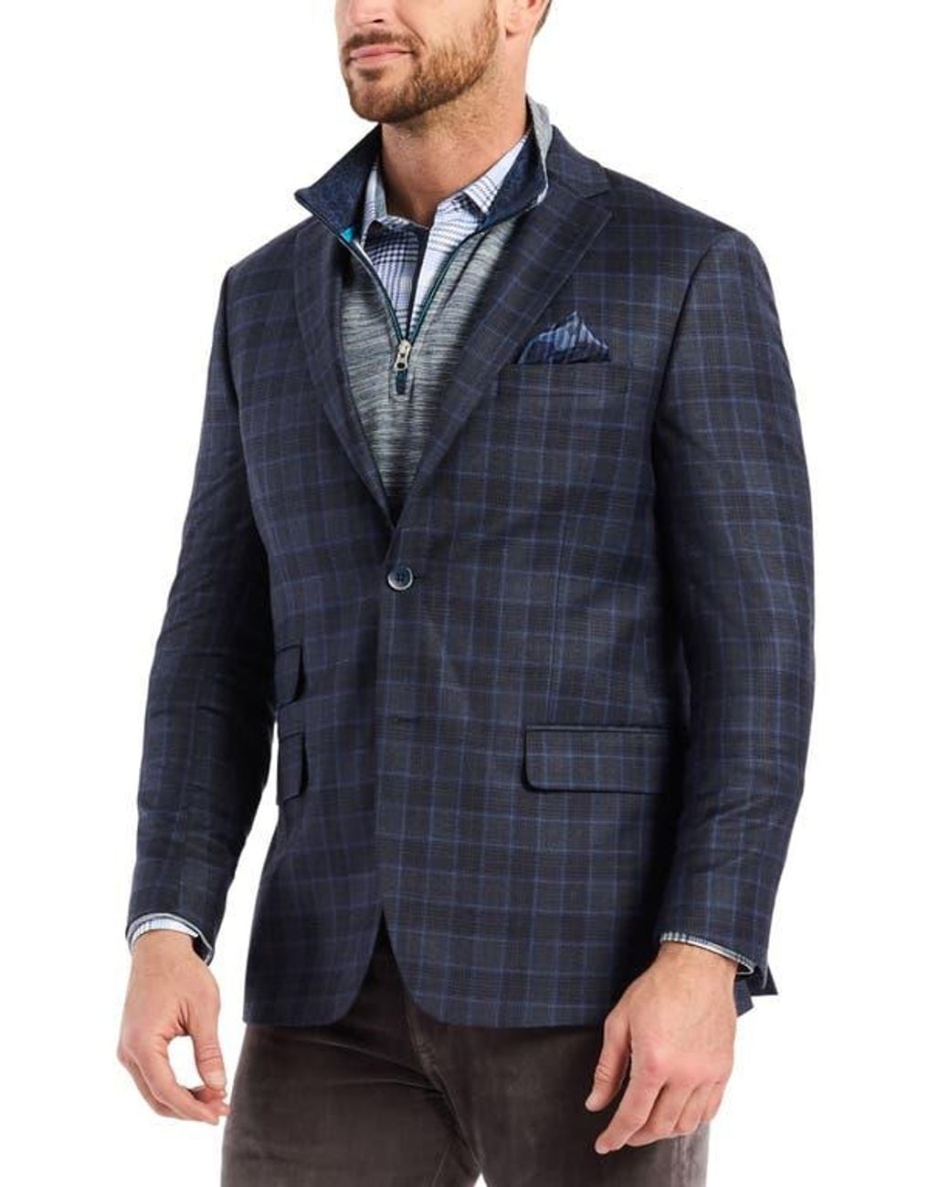 Robert Graham Blue Kipton Windowpane Plaid Wool Blend Sport Coat for men