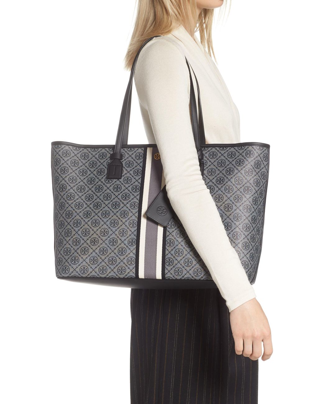 Tory Burch T Monogram Coated Canvas Large Tote / Grey/ Brown/ $398