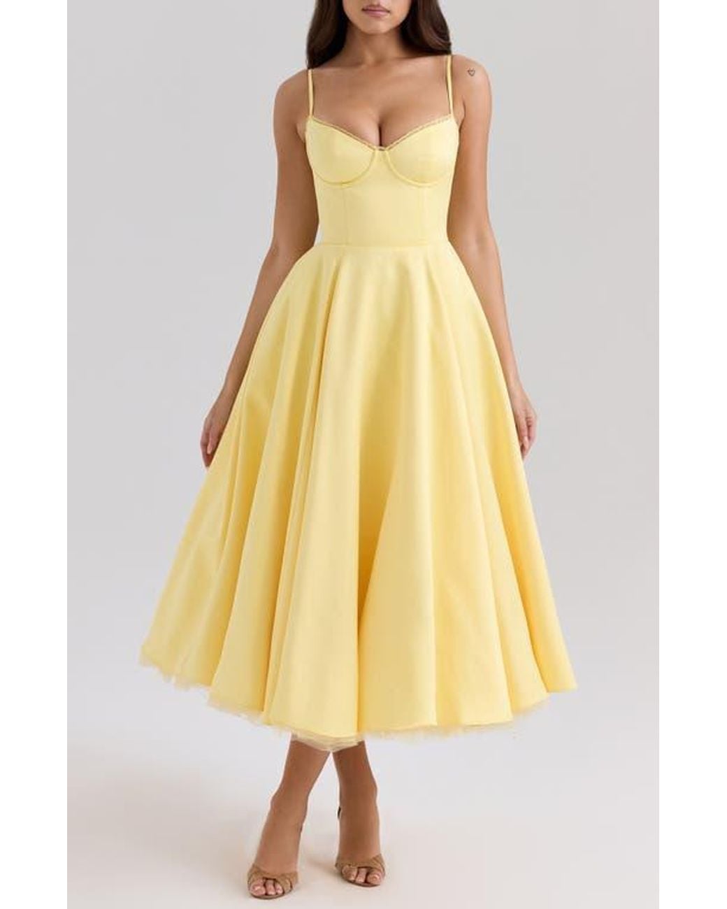 House Of Cb Mademoiselle Bustier Stretch Satin Midi Cocktail Dress in  Yellow | Lyst