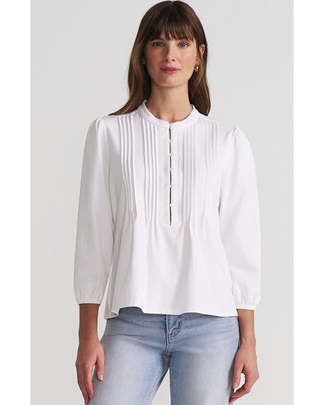 Lands' End White Plus Size Lightweight Jersey Button Pintuck Top
