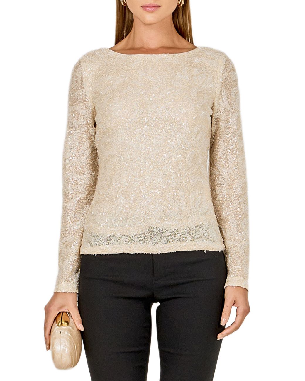 Endless Rose Natural Sequin Scoop Neck Top