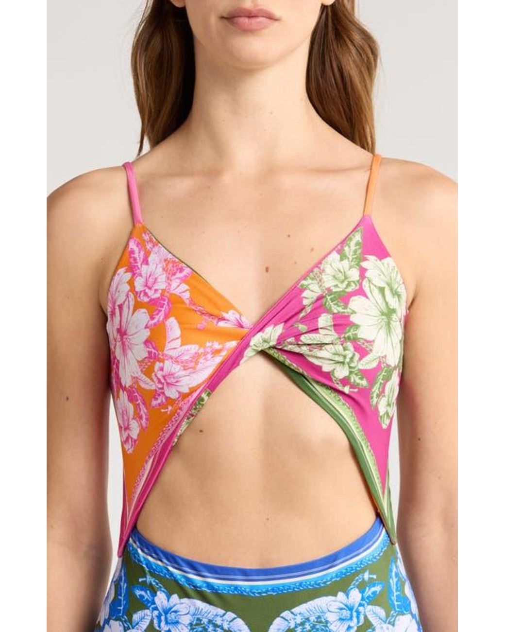 FARM Rio Floral Elegance Mixed Scarves Cutout One-Piece FARM Rio Floral Elegance Mixed Scarves Cutout One-Piece