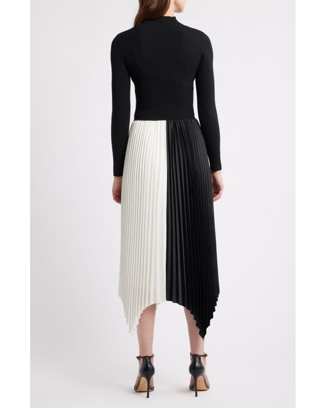 Tahari The Elsa Long Sleeve Mixed Media Midi Dress in Black | Lyst