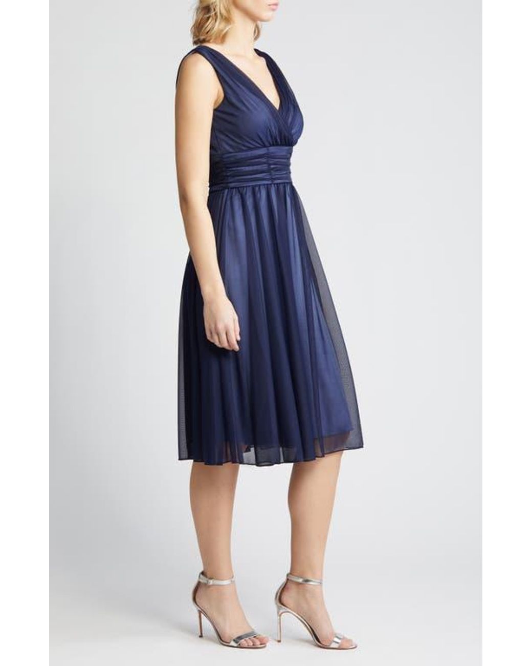 Connected Apparel Blue Chiffon Overlay Fit & Flare Dress