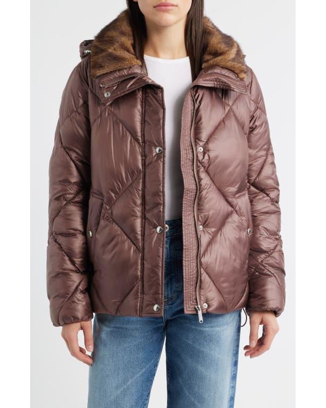 Sam Edelman Jacket Sam Edelman Diamond Quilted Puffer Jacket With Faux Fur Hood in Brown ...