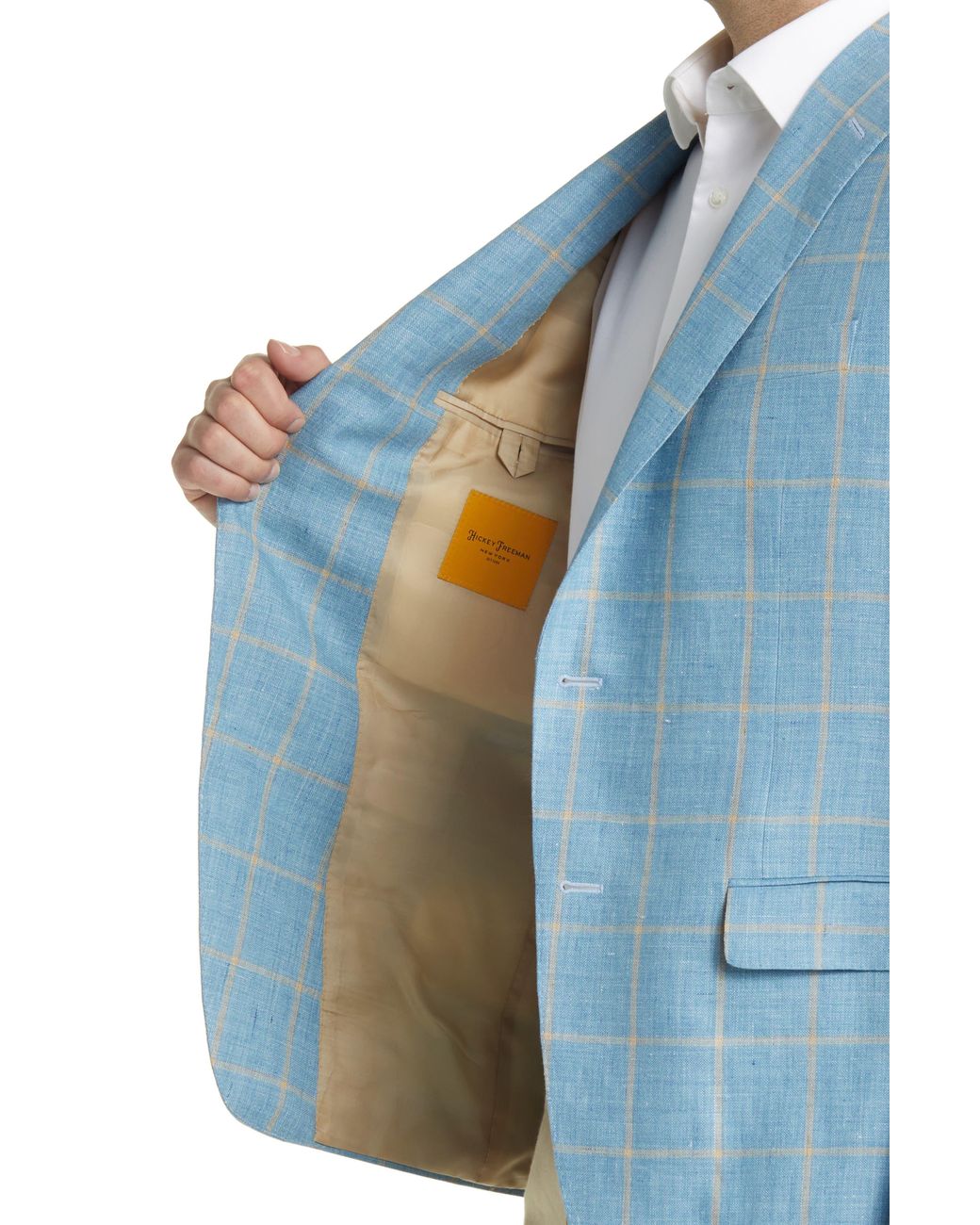 H Freeman Sport Coat - Silk Linen & Wool - Grey with Tan Windowpane (42707)  - Men's Clothing, Traditional Natural shouldered clothing, preppy apparel