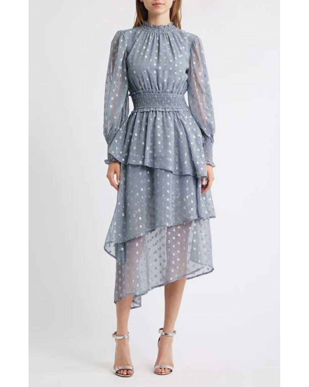 Lipsy Metallic Long Sleeve Midi Dress in Gray | Lyst