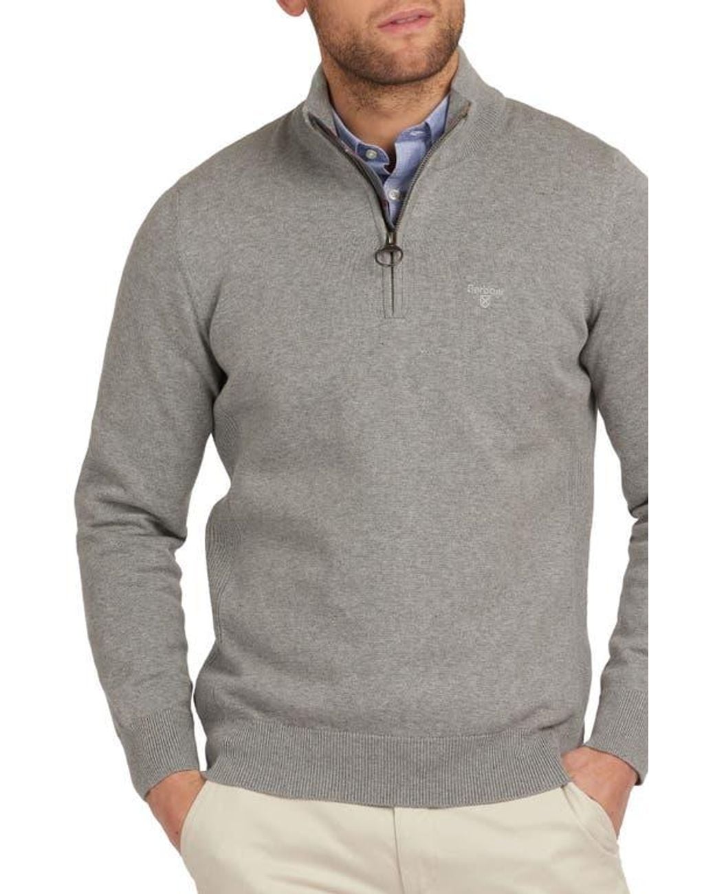 Barbour Gray Cotton Half Zip Sweater for men
