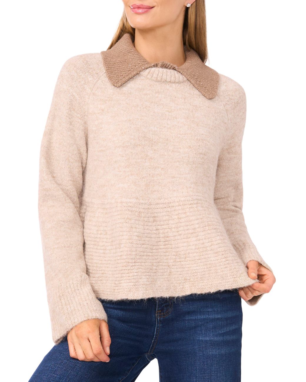 Cece Natural Collar Peplum Sweater