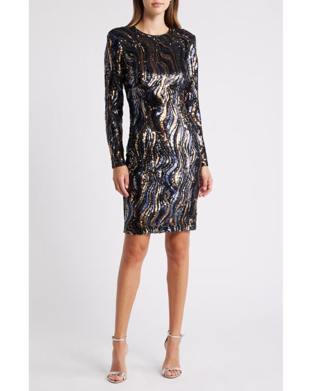 Vince Camuto Sequin Swirl Long Sleeve Cocktail Dress in Black | Lyst