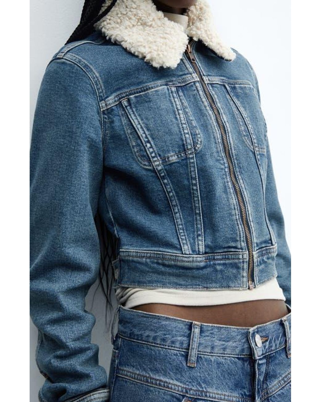 Mango Denim Trucker Jacket With Removable Faux Shearling Collar in Blue Lyst