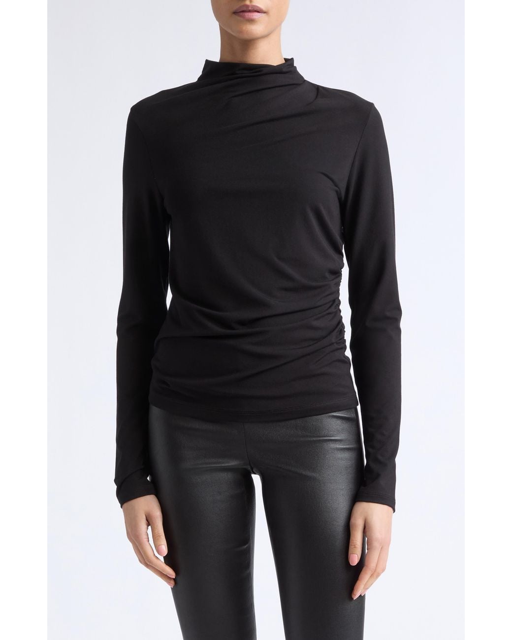Vince Black Side Drape Funnel Neck Top