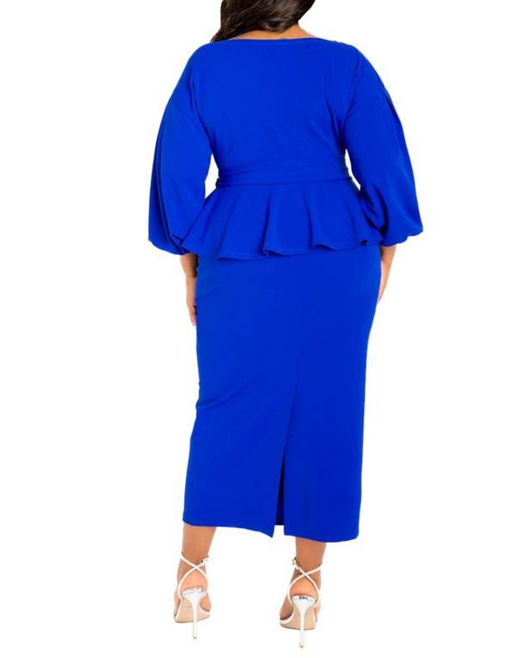 Buxom Couture Convertible Shoulder Belted Peplum Midi Dress in Blue | Lyst