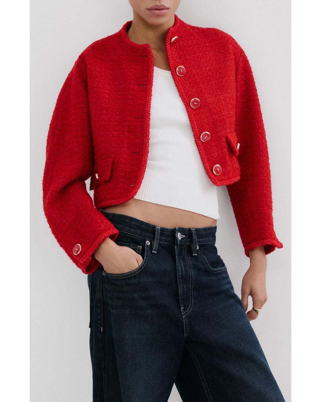 Mango Red Jewel Button Tweed Jacket