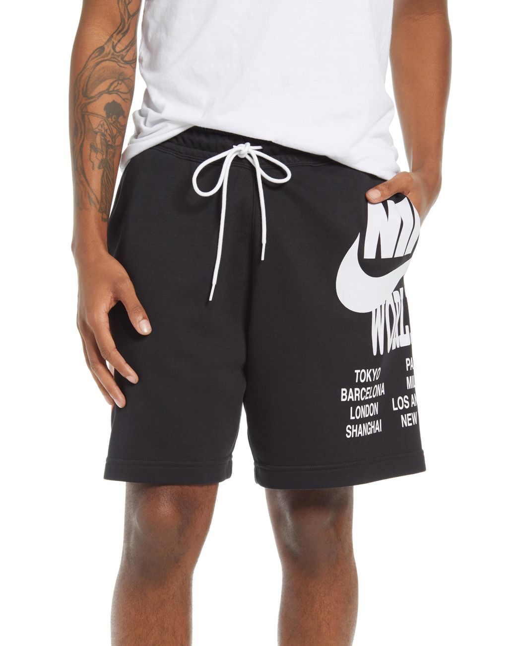 Nike Cotton Sportswear World Tour Graphic Drawstring Shorts in Black ...