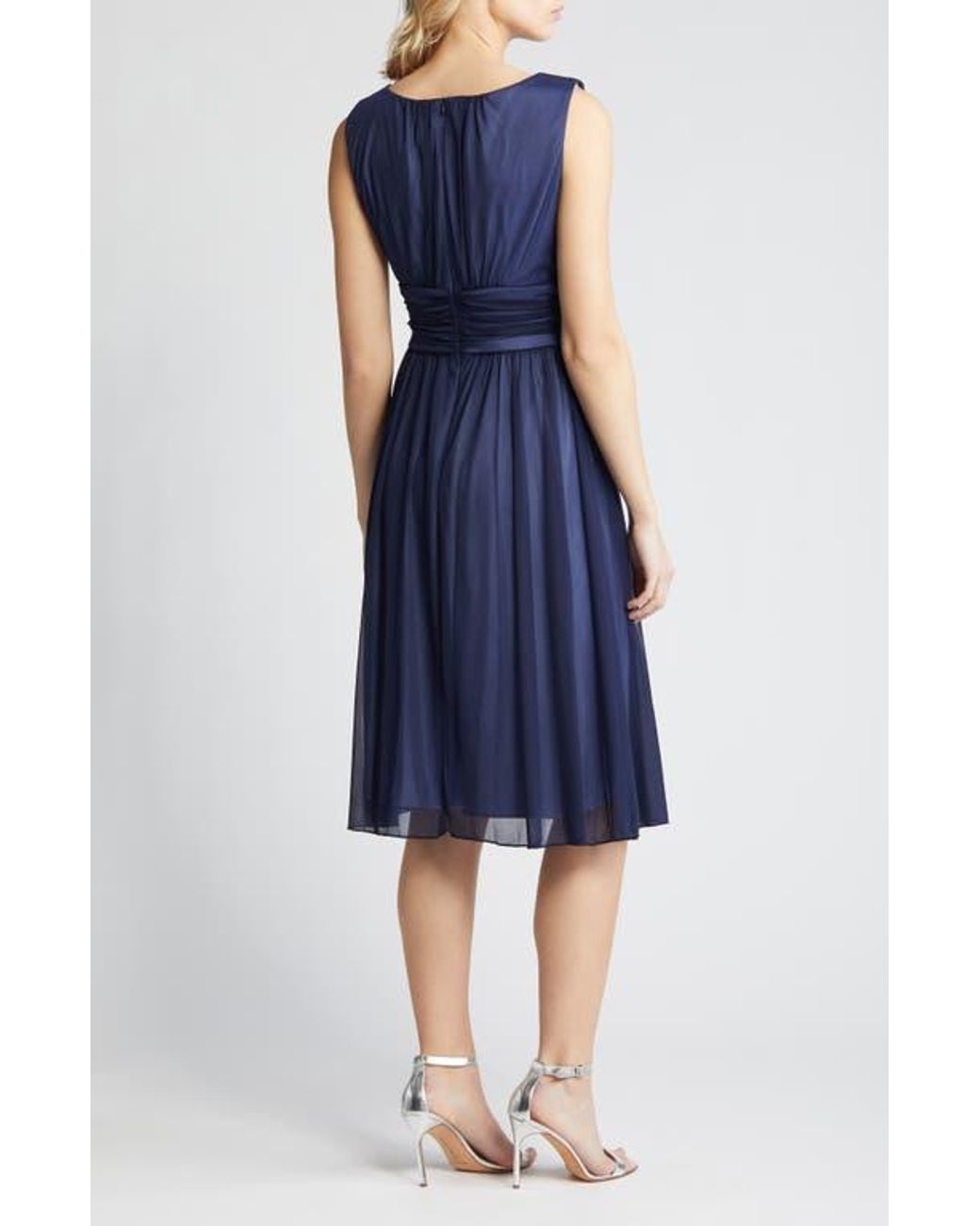 Connected Apparel Blue Chiffon Overlay Fit & Flare Dress