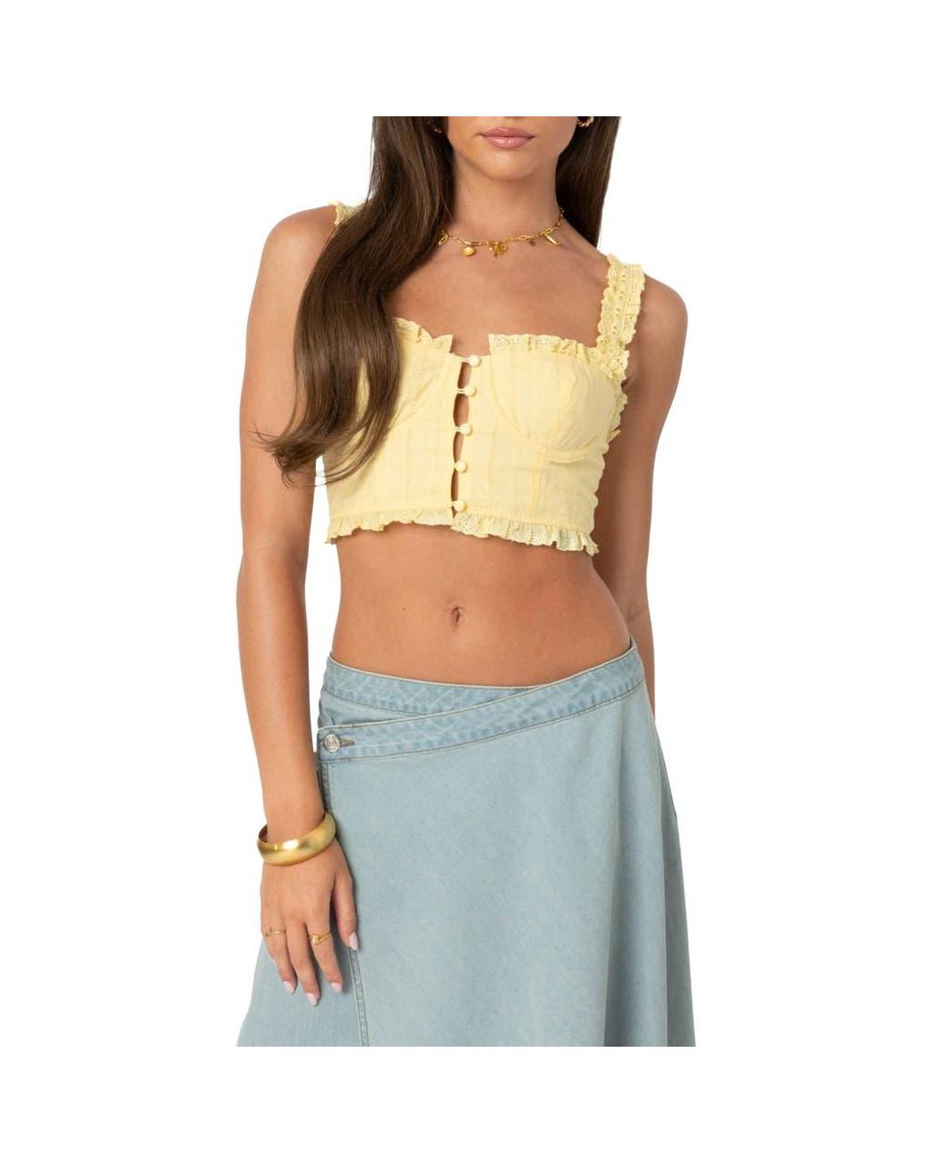 Edikted Blue Eyelet Ruffle Cotton Crop Top