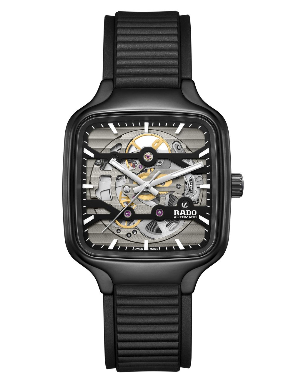 Rado Black True Square Skeleton Automatic Rubber Strap Watch, 38Mm
